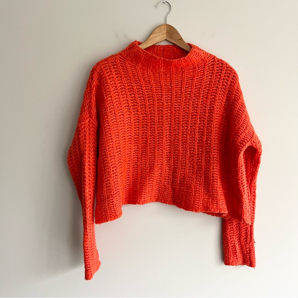 Aerie Vibrant Orange Crew Neck Oversized Cropped Sweater Small